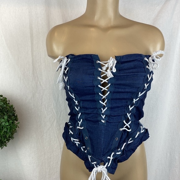 Love Highlight Blue Denim Tie Lace Up Sleeveless Strapless Corset Crop Top XL - Picture 2 of 7